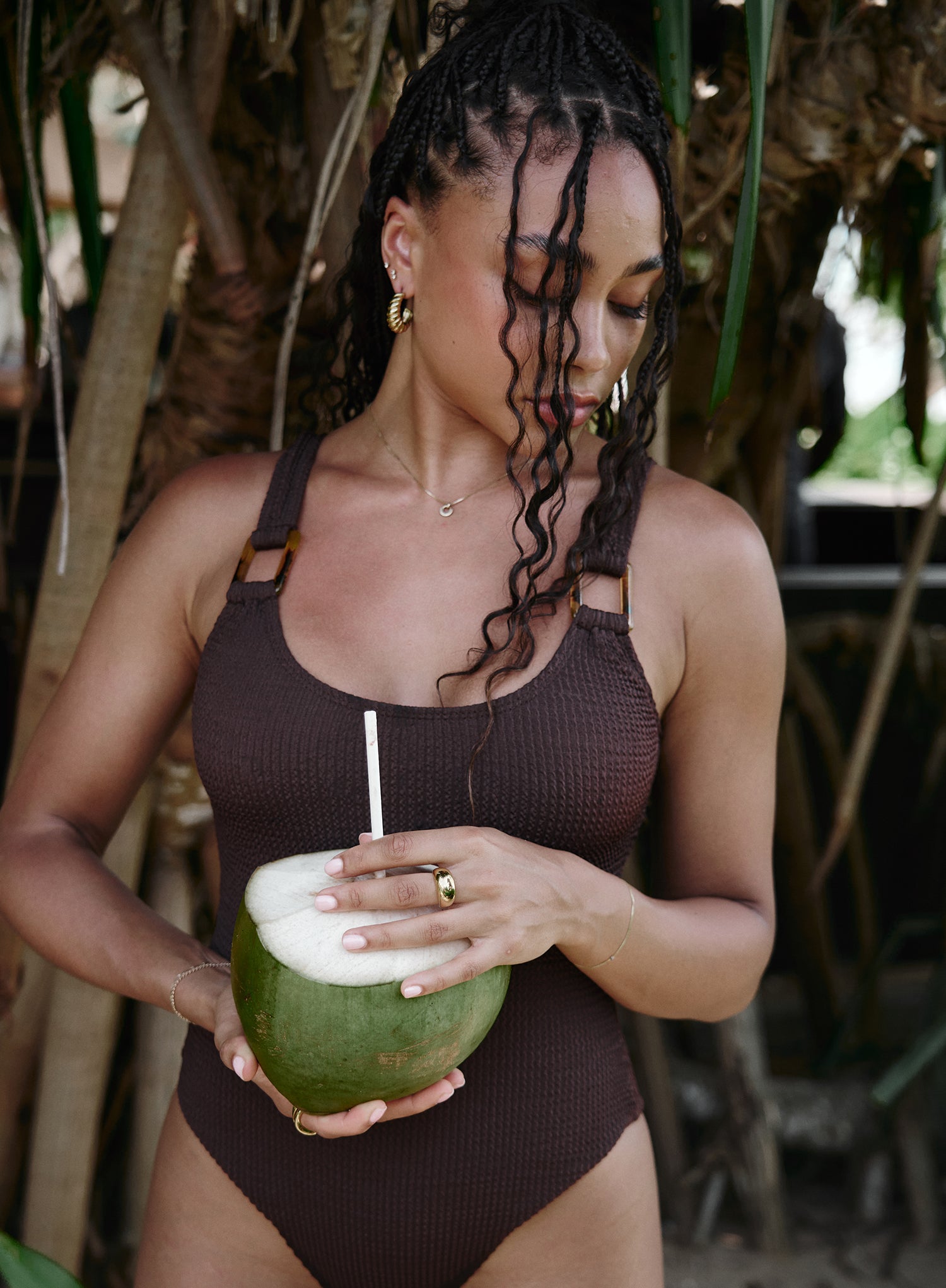 Brown Crinkle Tortoiseshell Buckle Swimsuit